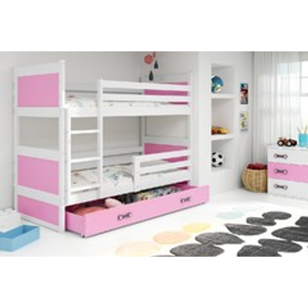 Dětská patrová postel s výsuvnou postelí RICO 190x80 cm Růžová Bílá BMS